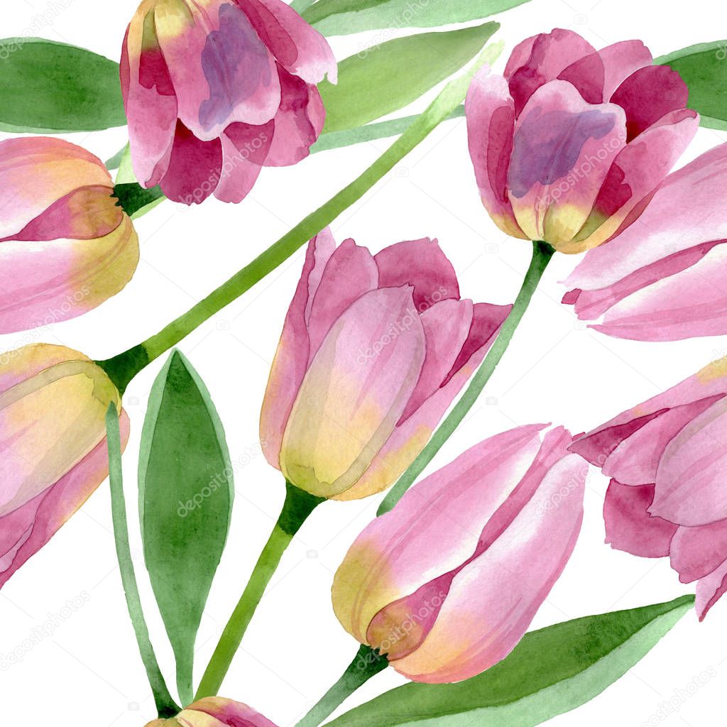 Pink tulips floral botanical flowers. Watercolor background illustration set. Seamless background pattern.