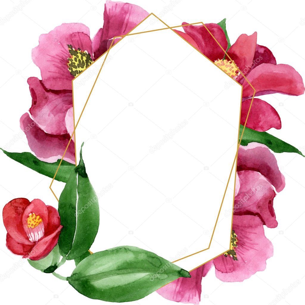 Red camelia floral botanical flower. Watercolor background illustration set. Frame border ornament square.