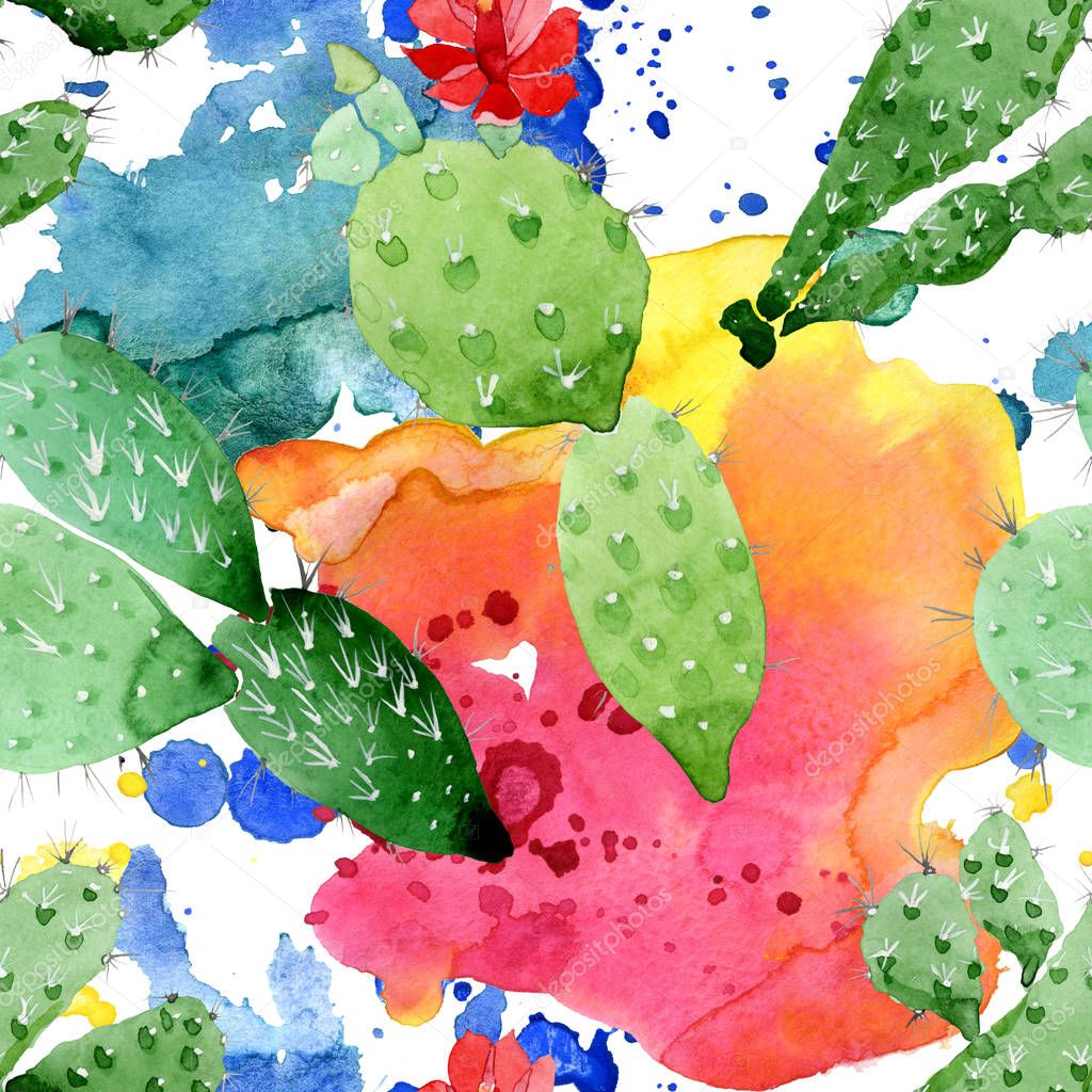Green cactus floral botanical flowers. Watercolor background illustration set. Seamless background pattern.
