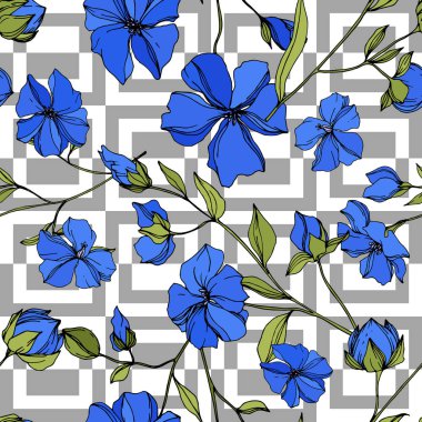 Vektör Keten çiçek botanik çiçekler. Mavi ve yeşil oyulmuş mürekkep sanatı. Kesintisiz arka plan deseni.