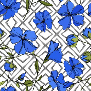 Vektör Keten çiçek botanik çiçekler. Mavi ve yeşil oyulmuş mürekkep sanatı. Kesintisiz arka plan deseni.