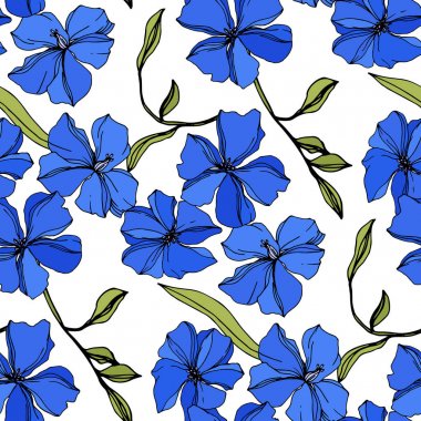 Vektör Keten çiçek botanik çiçekler. Mavi ve yeşil oyulmuş mürekkep sanatı. Kesintisiz arka plan deseni.