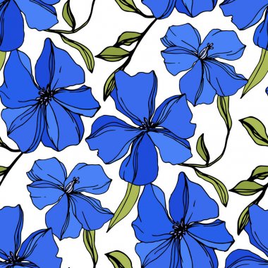 Vektör Keten çiçek botanik çiçekler. Mavi ve yeşil oyulmuş mürekkep sanatı. Kesintisiz arka plan deseni.