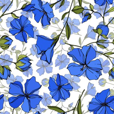 Vektör Keten çiçek botanik çiçekler. Yabani bahar yaprağı kır çiçeği izole. Mavi ve yeşil oyulmuş mürekkep sanatı. Kusursuz arka plan deseni. Kumaş duvar kağıdı baskı doku.