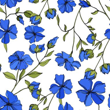 Vektör Keten çiçek botanik çiçekler. Mavi ve yeşil oyulmuş mürekkep sanatı. Kesintisiz arka plan deseni.