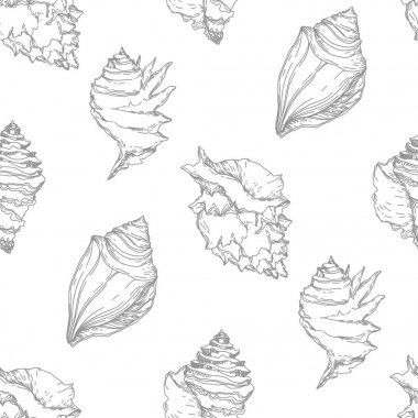 Summer beach seashell tropical elements. Black and white engraved ink art. Seamless background pattern. clipart