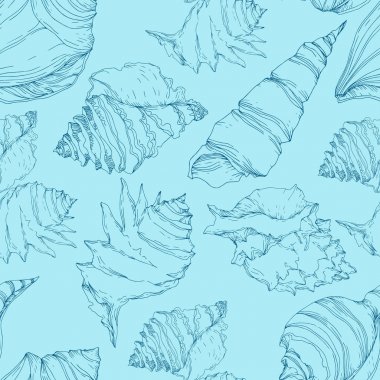 Summer beach seashell tropical elements. Black and white engraved ink art. Seamless background pattern. clipart