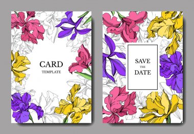 Iris floral botanical flowers. Black and white engraved ink art. Wedding background card floral decorative border. clipart