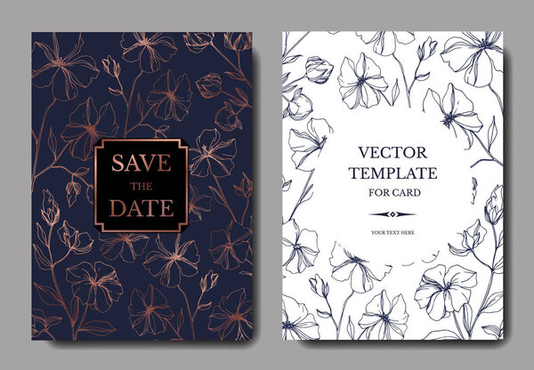 Vector Flax floral botanical flowers. Black and white engraved ink art. Wedding background card.