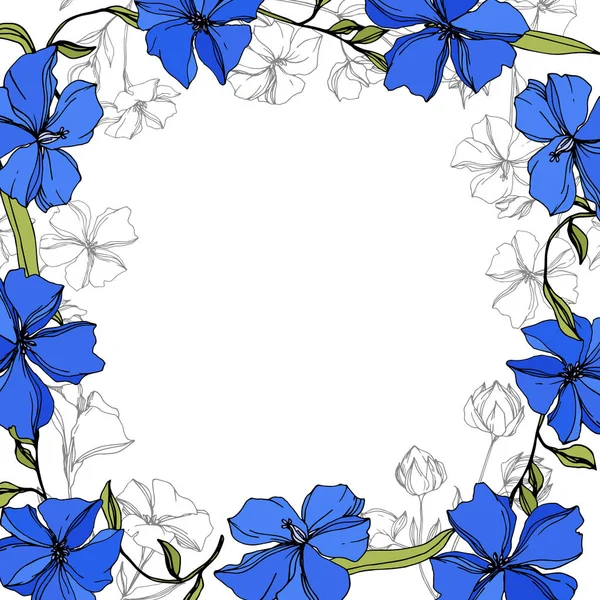 Fiori botanici floreali in lino vettoriale. Inchiostro inciso blu e verde art. Quadrato ornamento bordo cornice . — Vettoriale Stock