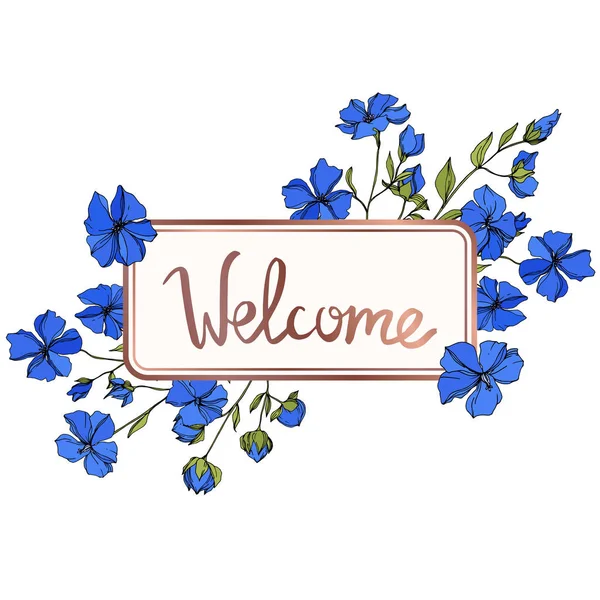 矢量亚麻花卉植物花。蓝色和绿色雕刻油墨艺术。框架边框装饰广场. — 图库矢量图片