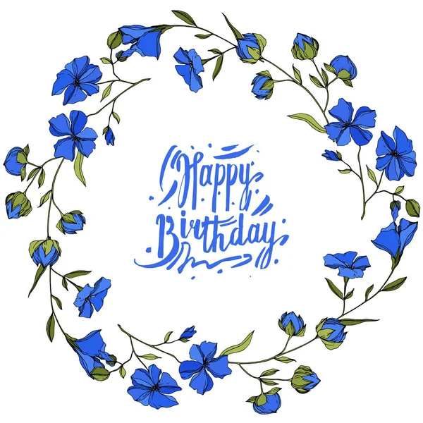 Vector Flax flores botánicas florales. Tinta grabada azul y verde. Marco borde ornamento cuadrado . — Archivo Imágenes Vectoriales