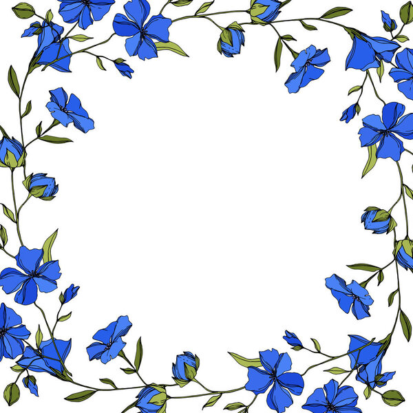 Vector Flax floral botanical flowers. Blue and green engraved ink art. Frame border ornament square.