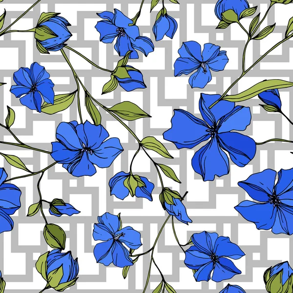 矢量亚麻花卉植物花。蓝色和绿色雕刻油墨艺术。无缝背景模式. — 图库矢量图片