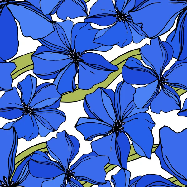 Vector Flax kwiatowy kwiatów botanicznych. Niebieska i zielona grawerowana sztuka atramentu. Płynny wzór tła. — Wektor stockowy