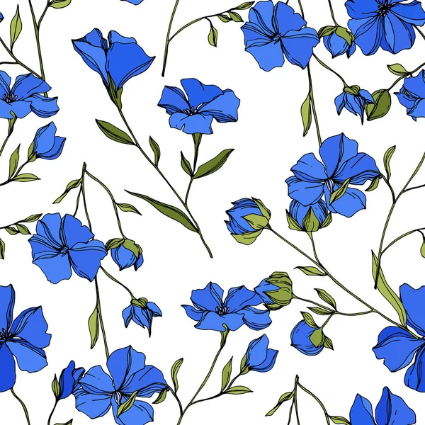 Vector Flax flores botánicas florales. Tinta grabada azul y verde. Patrón de fondo sin costuras . — Vector de stock