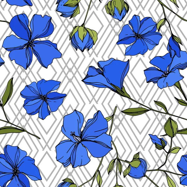 Vector Flax flores botánicas florales. Tinta grabada azul y verde. Patrón de fondo sin costuras . — Vector de stock