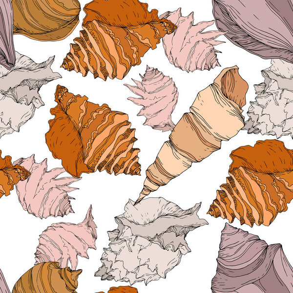 Summer beach seashell tropical elements. Black and white engraved ink art. Seamless background pattern.