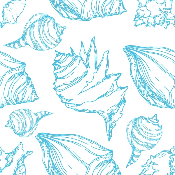 Summer beach seashell tropical elements. Black and white engraved ink art. Seamless background pattern. — Stock Vector