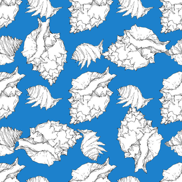 Summer beach seashell tropical elements. Black and white engraved ink art. Seamless background pattern.