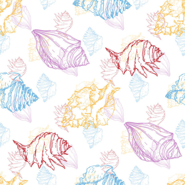 Summer beach seashell tropical elements. Black and white engraved ink art. Seamless background pattern.
