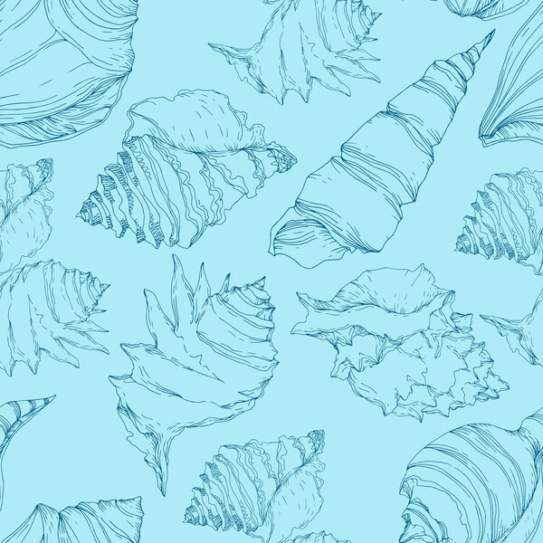 Summer beach seashell tropical elements. Black and white engraved ink art. Seamless background pattern.