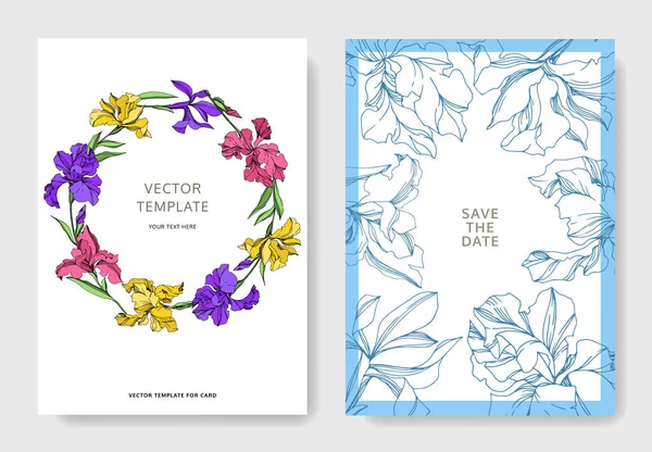 Iris fleurs botaniques florales. Encre gravée en noir et blanc. Carte de fond de mariage bordure décorative florale . — Image vectorielle