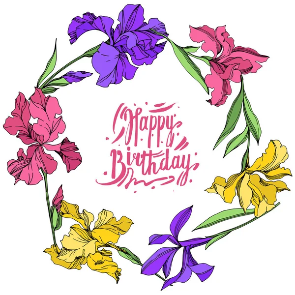 Iris flores botánicas florales. Conjunto de ilustración de fondo acuarela. Marco borde ornamento cuadrado . — Vector de stock