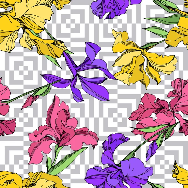 Iris blommiga botaniska blommor. Svart och vit graverad bläck konst. Sömlöst bakgrundsmönster. — Stock vektor