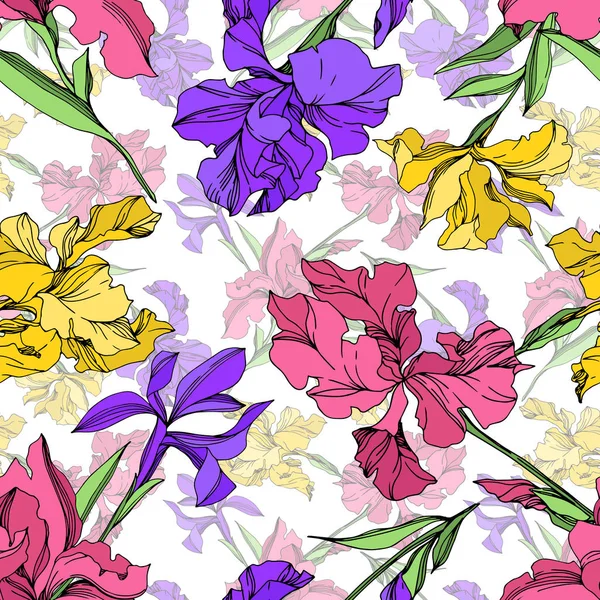 Iris blommiga botaniska blommor. Svart och vit graverad bläck konst. Sömlöst bakgrundsmönster. — Stock vektor