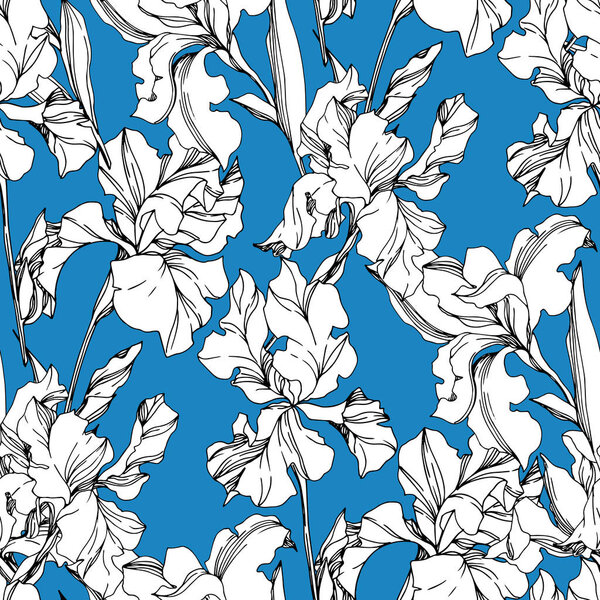 Iris floral botanical flowers. Black and white engraved ink art. Seamless background pattern.