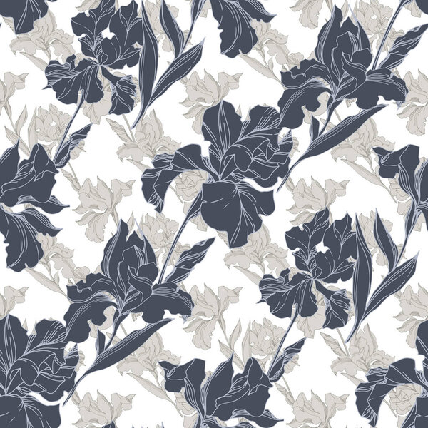 Iris floral botanical flowers. Black and white engraved ink art. Seamless background pattern.