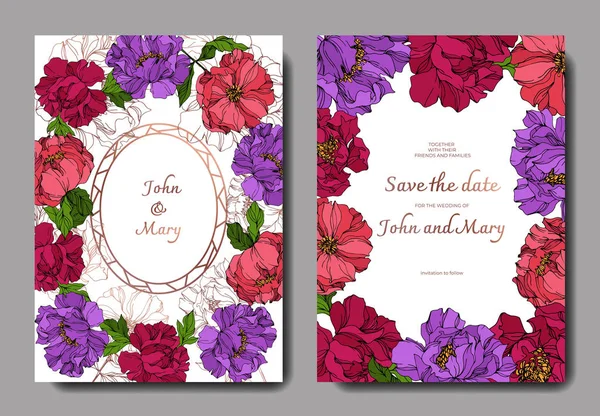 Peony bloemen botanische bloemen. Gegraveerde inkt kunst. Bruiloft achtergrond kaart Floral decoratieve grens. — Stockvector