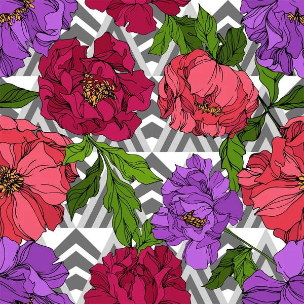 Peony floral botanical flowers. Wild spring leaf wildflower isolated. Engraved ink art. Seamless background pattern. — Stock Vector