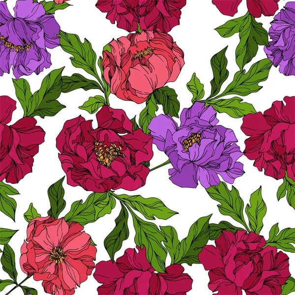 Peony floral botanical flowers. Wild spring leaf wildflower isolated. Engraved ink art. Seamless background pattern. — Stock Vector