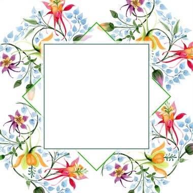 Süsleme botanik çiçek. Vahşi bahar yaprak izole kır çiçeği. Suluboya arka plan illüstrasyon küme. Suluboya çizim moda aquarelle izole. Çerçeve kenarlığı süsleme Meydanı.