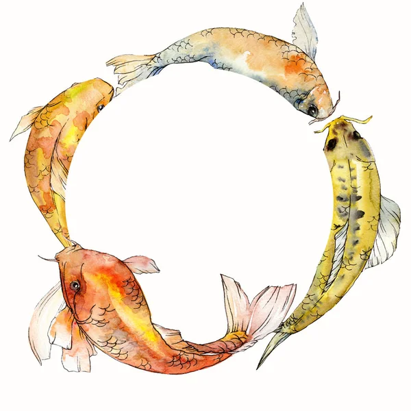 Watercolor aquatic underwater tropical fish set. Red sea and exotic fishes inside: Goldfish. Frame border square. — Stock Photo, Image