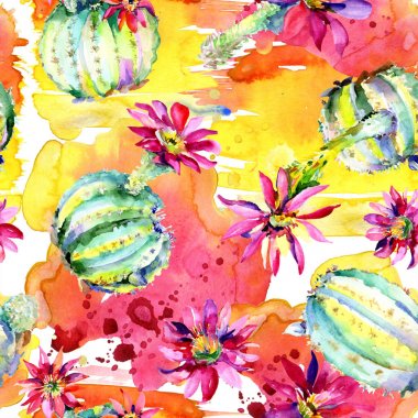 Yeşil kaktüs. Çiçek botanik çiçek. Yabani bahar yaprağı kır çiçeği izole. Kesintisiz arka plan deseni.