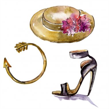 Bilezik, şapka ve ruj kroki moda glamour. Giysi aksesuarları trendy kıyafet ayarlayın. Suluboya arka plan seti. Suluboya çizim moda aquarelle. Yalıtılmış illüstrasyon öğesi.