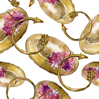 Giysi aksesuarları ve kozmetik seti trendy kıyafet. Suluboya arka plan illüstrasyon seti. Suluboya çizim moda aquarelle. Kusursuz arka plan deseni. Kumaş duvar kağıdı baskı doku.