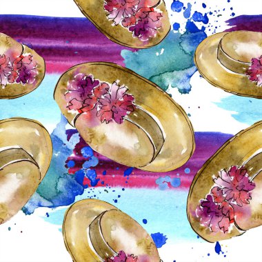 Giysi aksesuarları ve kozmetik seti trendy kıyafet. Suluboya arka plan illüstrasyon seti. Suluboya çizim moda aquarelle. Kusursuz arka plan deseni. Kumaş duvar kağıdı baskı doku.