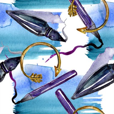 Giysi aksesuarları ve kozmetik seti trendy kıyafet. Suluboya arka plan illüstrasyon seti. Suluboya çizim moda aquarelle. Kusursuz arka plan deseni. Kumaş duvar kağıdı baskı doku.