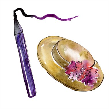 Şapka ve eyeliner kroki moda glamour illüstrasyon. Giysi aksesuarları trendy kıyafet ayarlayın. Suluboya arka plan seti. Suluboya çizim moda aquarelle. Yalıtılmış illüstrasyon öğesi.