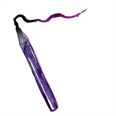 Mor eyeliner kroki moda glamour illüstrasyon. Giysi aksesuarları trendy kıyafet ayarlayın. Suluboya arka plan seti. Suluboya çizim moda aquarelle. İzole eyeliner elemanı.
