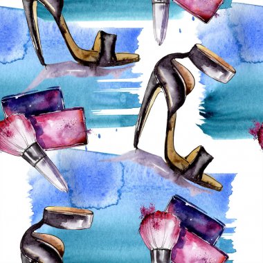 Giysi aksesuarları ve kozmetik seti trendy kıyafet. Suluboya arka plan illüstrasyon seti. Suluboya çizim moda aquarelle. Kusursuz arka plan deseni. Kumaş duvar kağıdı baskı doku.
