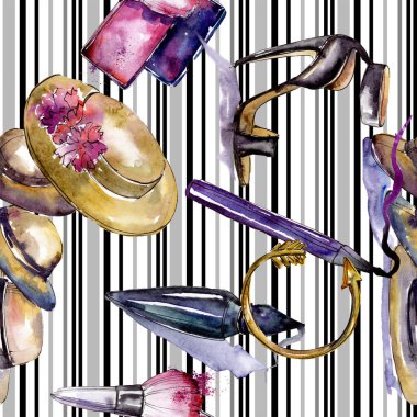 Giysi aksesuarları ve kozmetik seti trendy kıyafet. Suluboya arka plan illüstrasyon seti. Suluboya çizim moda aquarelle. Kusursuz arka plan deseni. Kumaş duvar kağıdı baskı doku.