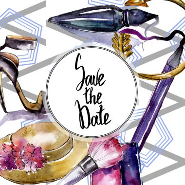 Kozmetik kroki moda glamour illüstrasyon. Giysi aksesuarları trendy kıyafet ayarlayın. Suluboya arka plan illüstrasyon seti. Suluboya çizim moda aquarelle. Çerçeve kenarlık süs karesi.