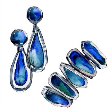 Bilezik ve küpe bir suluboya tarzı moda glamour illüstrasyon kroki. Giysi aksesuarları trendy kıyafet ayarlayın. Arka plan için Kova krokisi. Suluboya çizim aquarelle izole.
