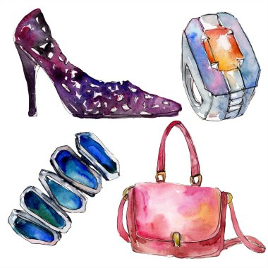 Ayakkabı, yüzük, bilezik ve çanta kroki moda glamour illüstrasyon bir suluboya tarzı. Giysi aksesuarları trendy kıyafet ayarlayın. Arka plan için Kova. Suluboya çizim aquarelle izole.