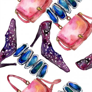 Giysi aksesuarları trendy kıyafet ayarlayın. Suluboya arka plan illüstrasyon seti. Suluboya çizim moda aquarelle. Kusursuz arka plan deseni. Kumaş duvar kağıdı baskı doku.